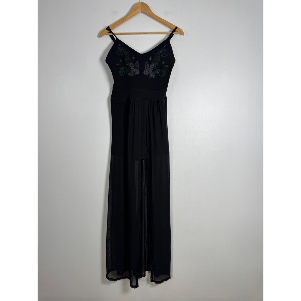 Whimsigoth Cosmic Aura Womens Medium Maxi Romper Black Crystal Mesh Overlay